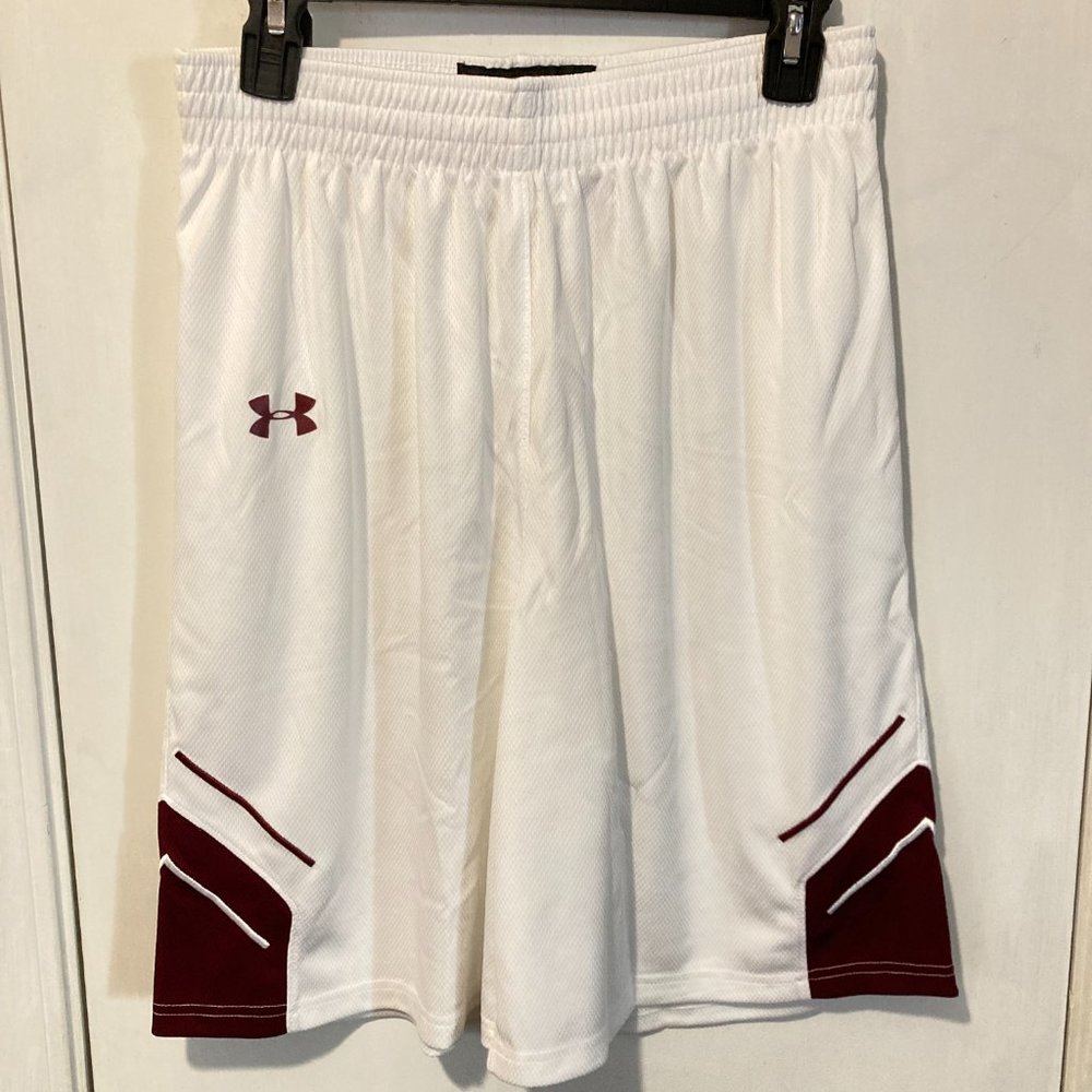 Under Armour youth boys XL / L white, maroon trim 9" inseam athletic gym shorts